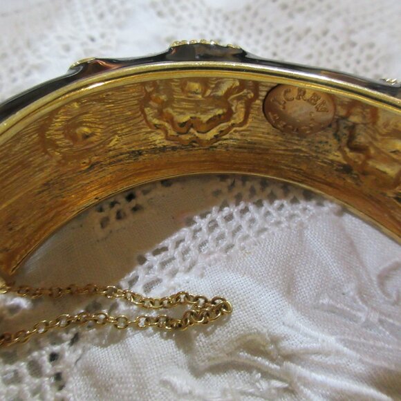 J Crew Floral Enamel Wide Bangle Bracelet Gold Tone Black/Pink Cream 8" - Picture 4 of 6